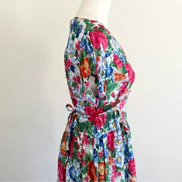 Vintage 1980s Floral Front Button Maxi Dress L Cotton100% Lined Pink Beautiful - Picture 3 of 11